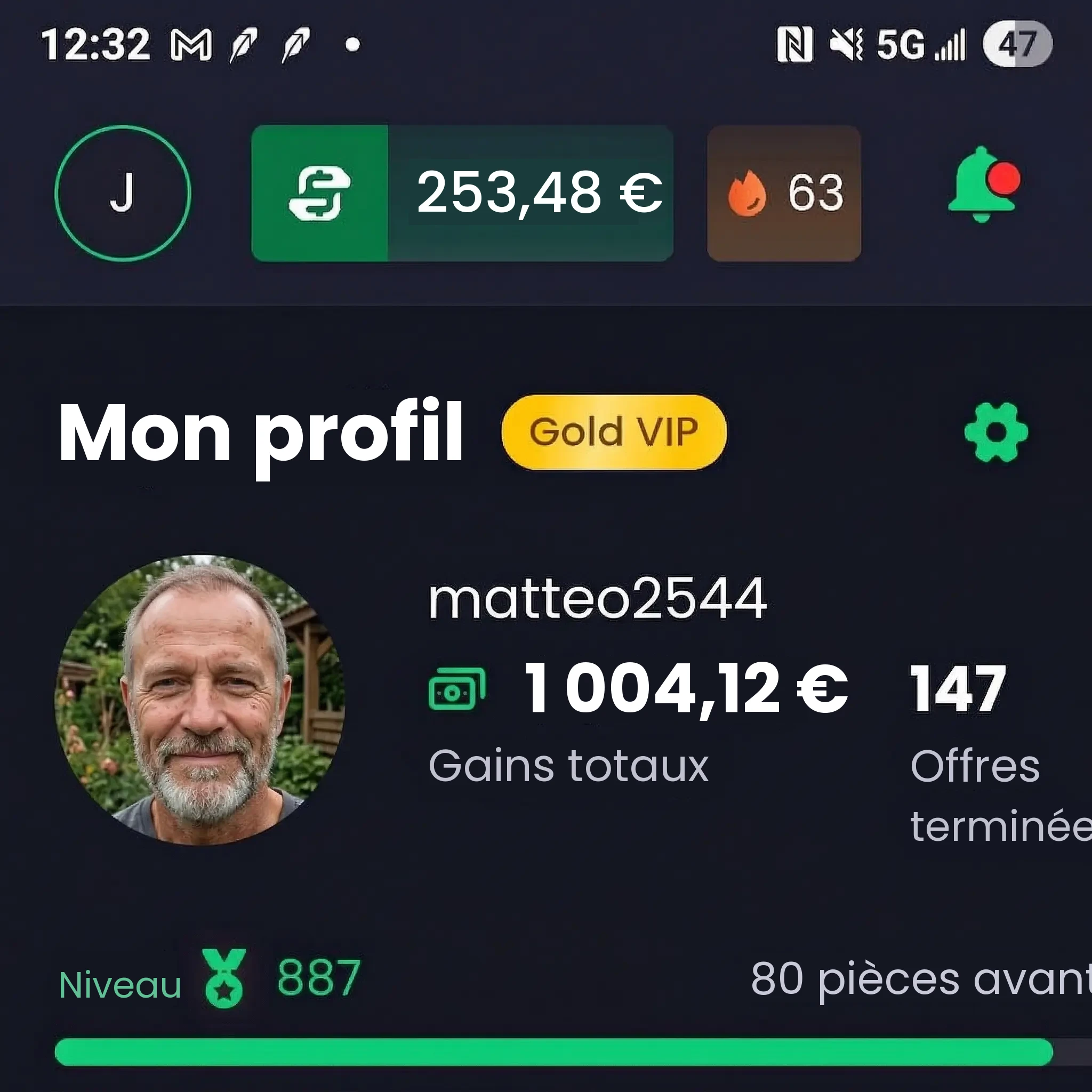 Profil dans l'appli Freecash